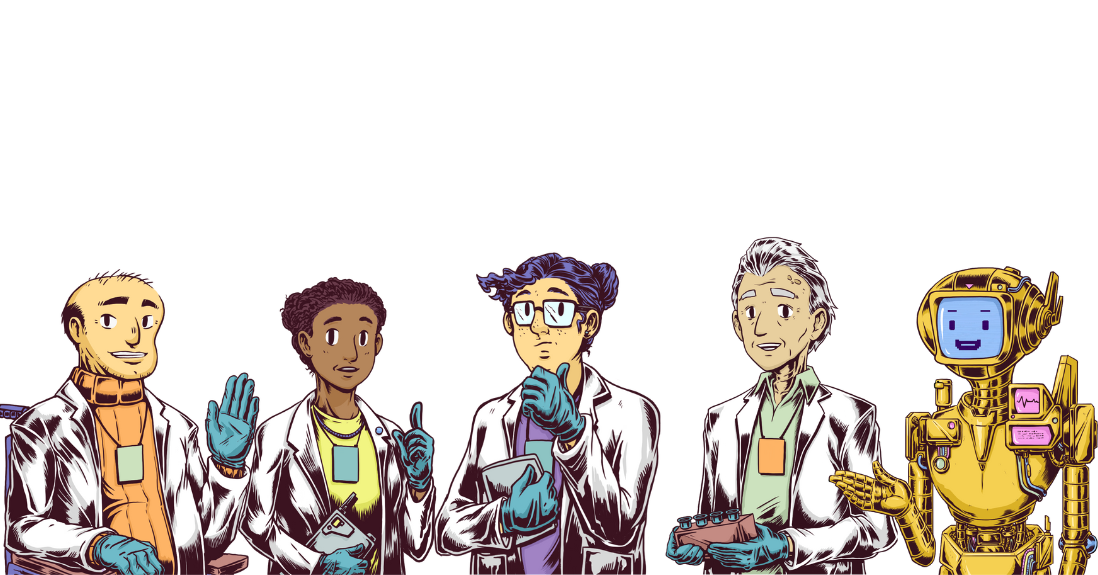 five scientist characters in front of a background image